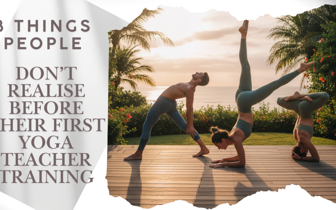 Students practicing yoga during a beginner-friendly yoga teacher training, illustrating three things people don’t realise before their first yoga teacher training in Mackay, Queensland
