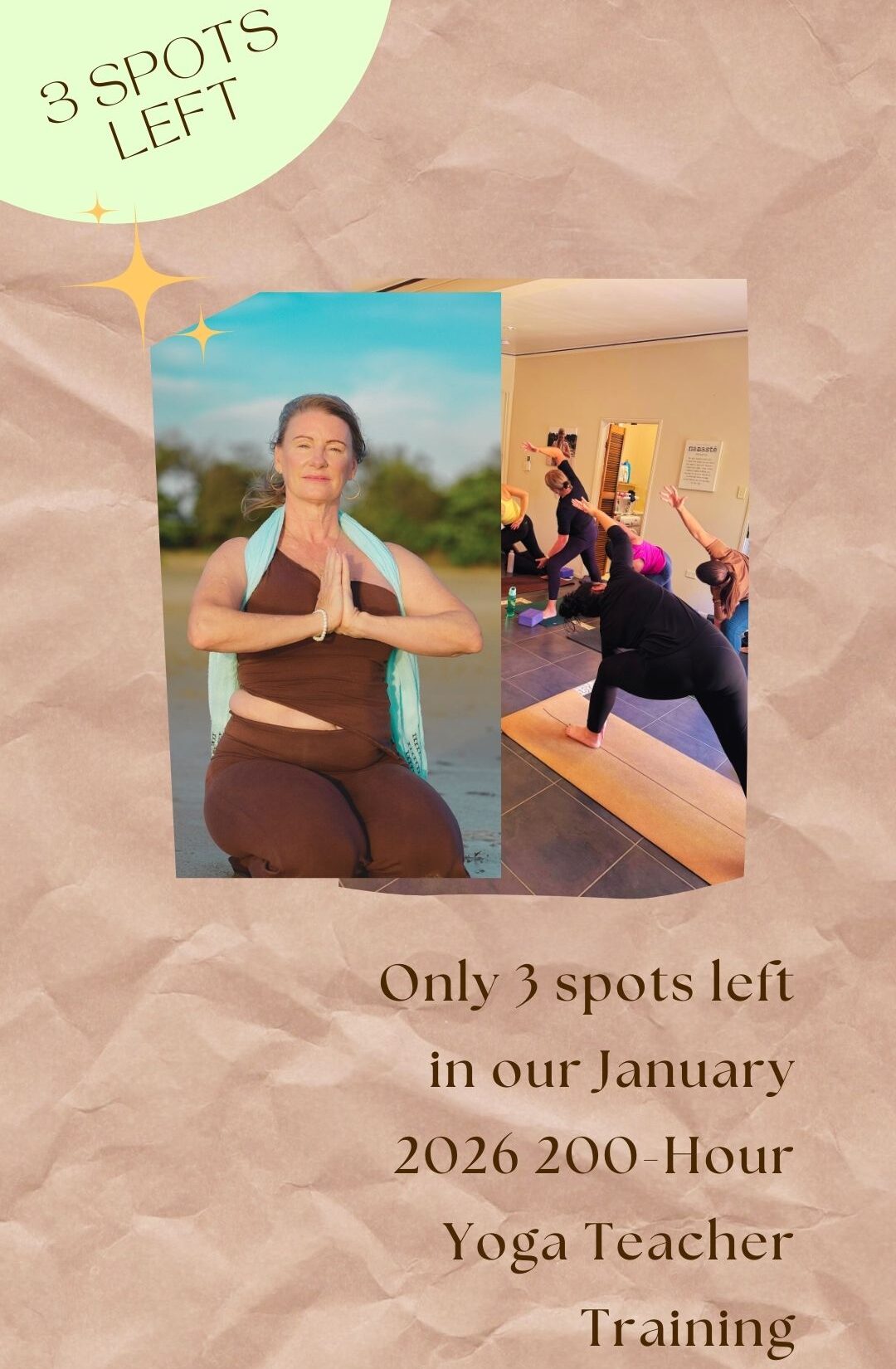 Senior yoga teacher Susan Deakin guiding a beginner-friendly 200-hour yoga teacher training at Unity Yoga Ayurveda in Mackay, Queensland, with students practicing yoga and a message showing only 3 spots left.