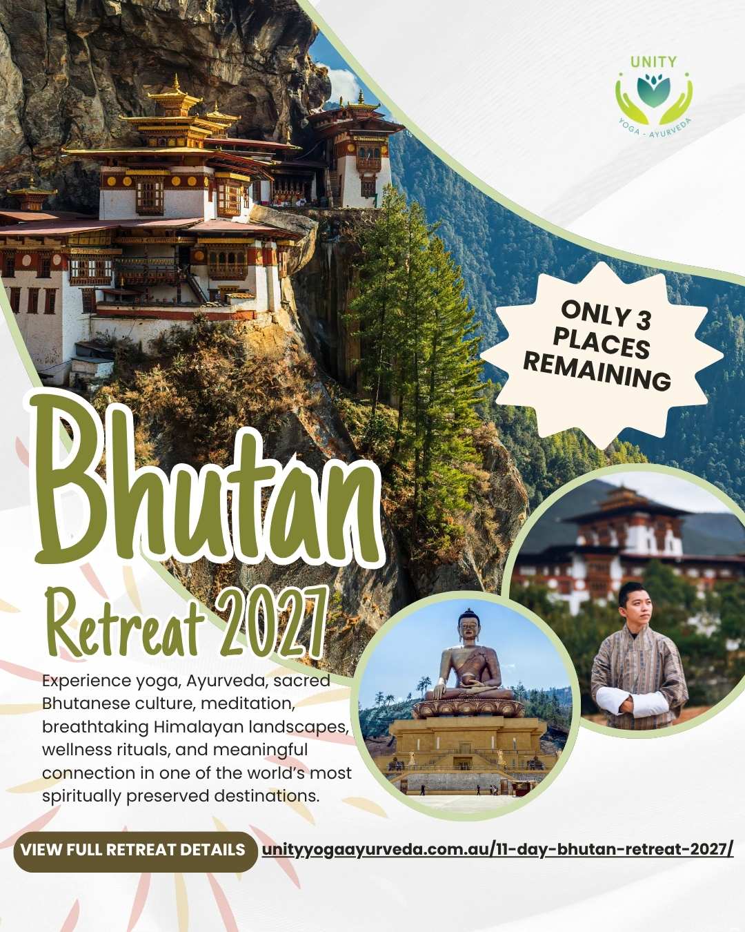 Bhutan Retreat 2027 with Unity Yoga Ayurveda featuring Tiger’s Nest Monastery, Buddha Dordenma and traditional Bhutanese culture, with only 3 places remaining.