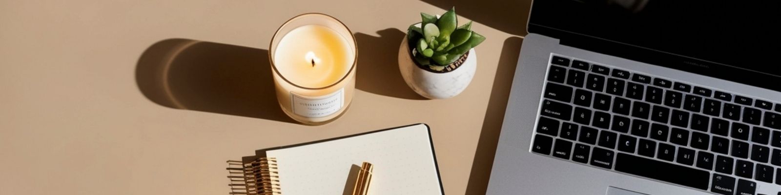 Laptop, journal, candles and a plant on a calm workspace, representing reflection, intention and sacred feminine connection for Sovereign Woman Circle.