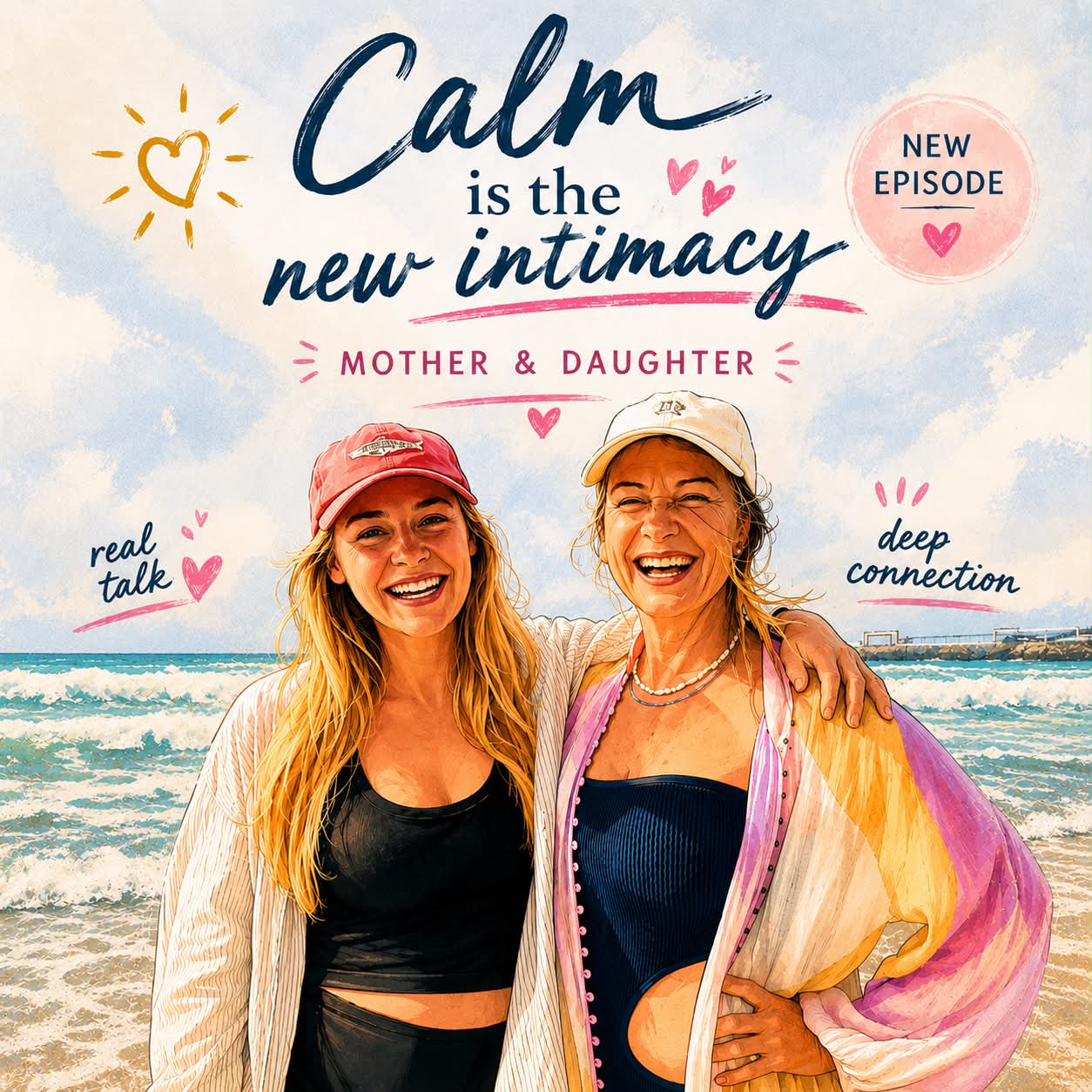 Susan Deakin and her daughter on the beach for the Sovereign Woman Podcast episode Calm Is The New Intimacy, exploring mother-daughter relationships, emotional connection, trust and authentic communication.