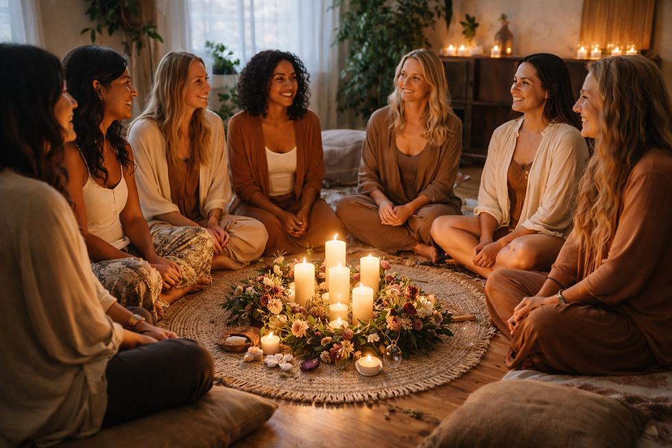 Women gathered in a circle with their hands joined together, representing connection, trust and mutual support within Sovereign Woman Circle.